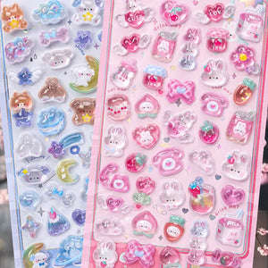 Scene display of 3D crystal puffy pink pet stickers, featuring cute rabbit, bear, and cherry designs with iridescent glitter effects
