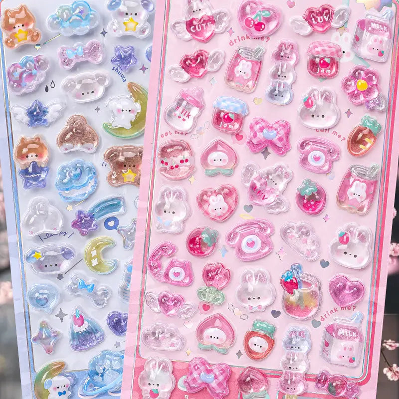 Scene display of 3D crystal puffy pink pet stickers, featuring cute rabbit, bear, and cherry designs with iridescent glitter effects