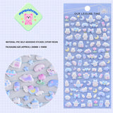 Plush bubble sticker sheet with cute cloud & rabbit patterns, light blue background, PVC self-adhesive, size 200×95mm	