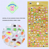 Plush bubble sticker sheet with cute food & snack patterns, yellow background, PVC self-adhesive, size 200×95mm	