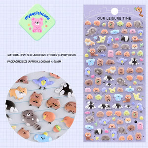 Plush bubble sticker sheet with cute forest animal patterns (bear, raccoon, panda), purple background, PVC self-adhesive, size 200×95mm
