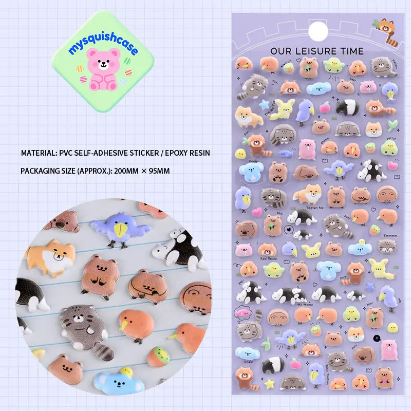 Plush bubble sticker sheet with cute forest animal patterns (bear, raccoon, panda), purple background, PVC self-adhesive, size 200×95mm