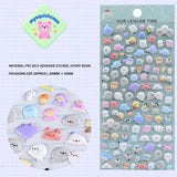 Plush bubble sticker sheet with cute sea creature patterns (dolphin, seal, whale), light green background, PVC self-adhesive, size 200×95mm	
