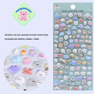 Plush bubble sticker sheet with cute sea creature patterns (dolphin, seal, whale), light green background, PVC self-adhesive, size 200×95mm	