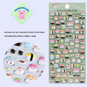 Plush bubble sticker sheet with cute sushi character patterns, green background, PVC self-adhesive, size 200×95mm