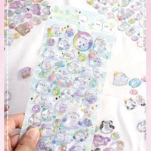 POP SEAL cute kawaii sticker sheet with glittery jelly-style Shimaenaga (long-tailed tit) bird characters, perfect for DIY phone case decoration.