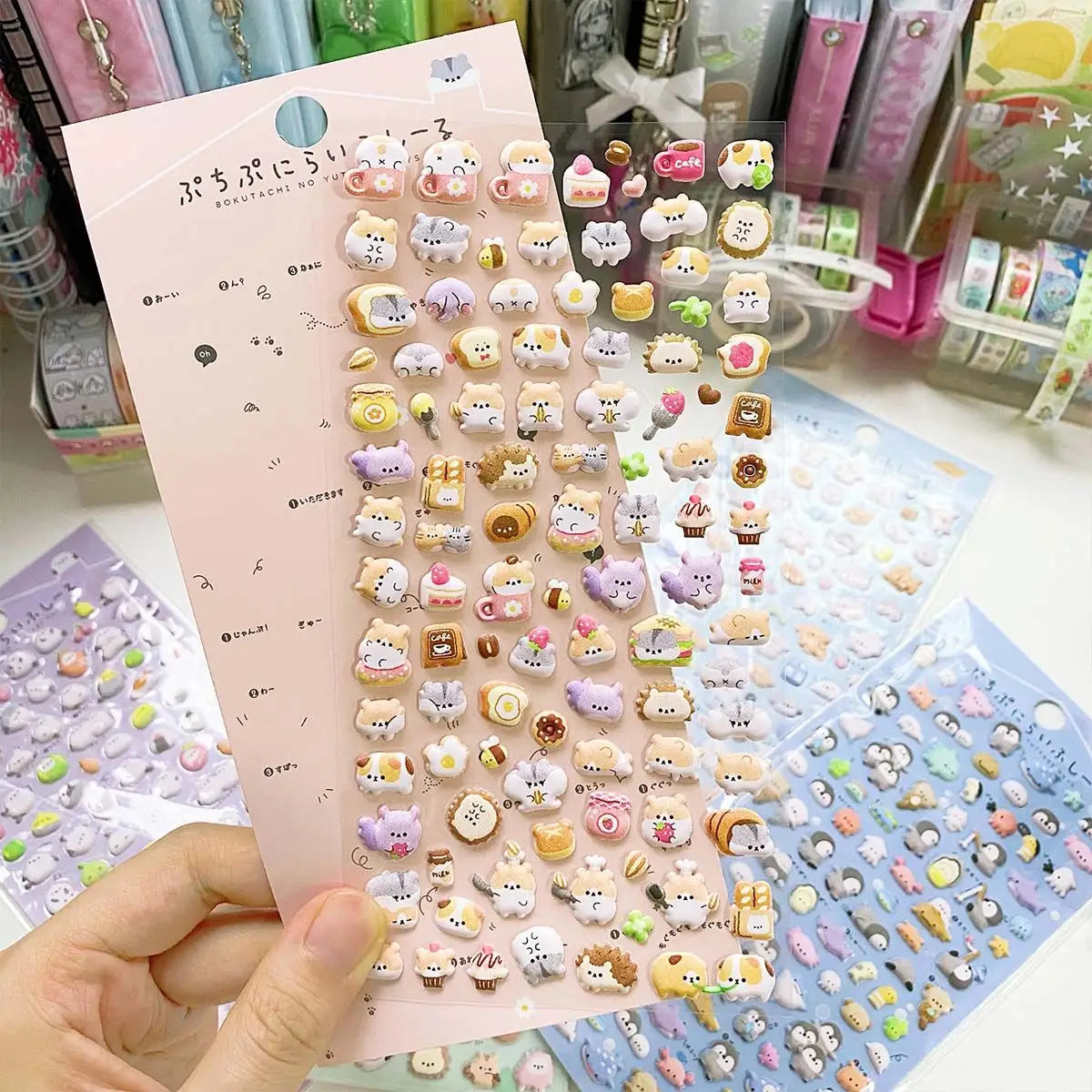ぷちぷにいらいら" cute kawaii sticker sheet with tiny multi-breed animal designs (dog, cat, rabbit, etc.), perfect for DIY phone case decoration.
