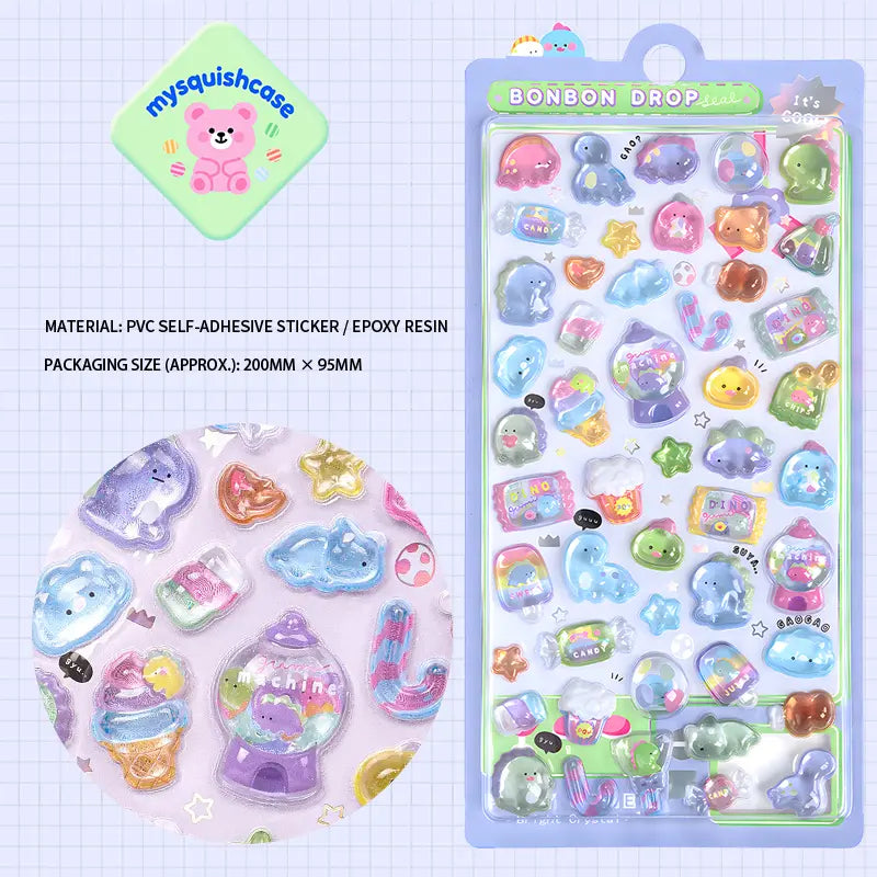 Product display of purple dinosaur themed "BONBON DROP" 3D crystal puffy sticker sheet, including material (PVC/epoxy resin) and packaging size (200mm×95mm), cute kawaii dinosaur and candy stickers for planner and DIY craft decoration