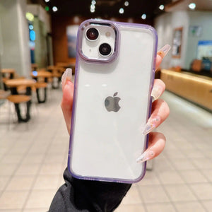 Clear DIY phone case for iPhone with purple frame and silver camera ring, featuring a transparent back panel, ready for sticker decoration.