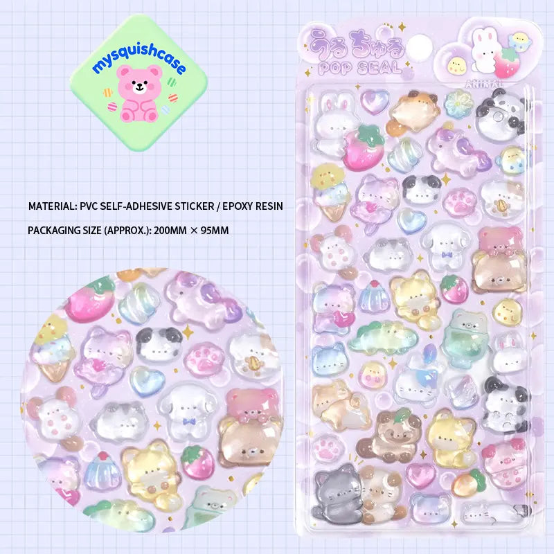 Product display of purple-pink pet themed 3D crystal puffy sticker sheet, including material (PVC/epoxy resin) and packaging size (200mm×95mm), cute kawaii animal and fruit stickers for planner and DIY craft decoration
