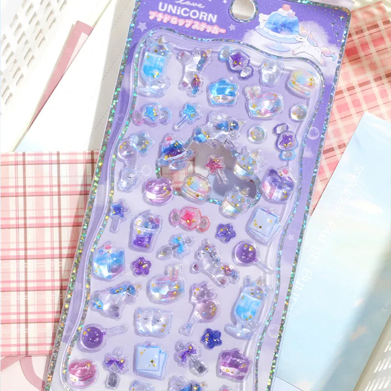 Full sheet display of 3D puffy "Cloudy love UNICORN" stickers with adorable unicorn and magic-themed designs, self-adhesive epoxy PVC stickers
