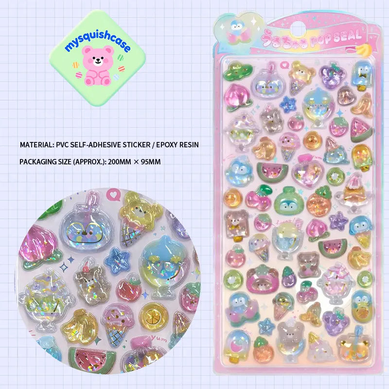 Product display of rainbow dessert pet themed 3D crystal puffy sticker sheet, including material (PVC/epoxy resin) and packaging size (200mm×95mm), cute kawaii stickers for planner and DIY craft decoration