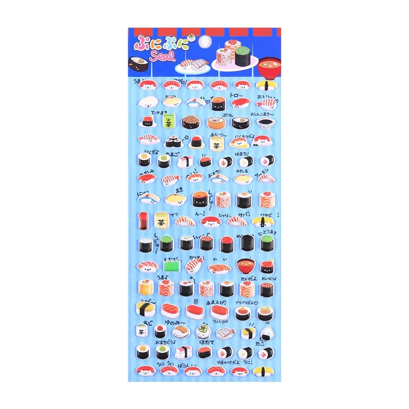 Full sheet display of 3D puffy stickers with realistic Japanese sushi designs, self-adhesive epoxy PVC stickers
