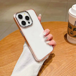 Clear DIY phone case for iPhone with rose gold frame and silver camera ring, featuring a frosted white back panel, ready for sticker decoration.