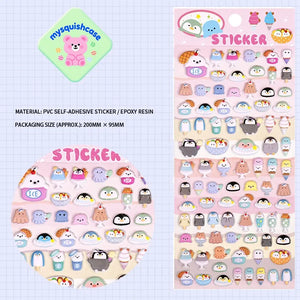 Product display of sea animal themed 3D puffy sticker sheet, including material (PVC/epoxy resin) and packaging size, cute kawaii stickers for DIY crafts

