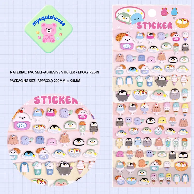 Product display of sea animal themed 3D puffy sticker sheet, including material (PVC/epoxy resin) and packaging size, cute kawaii stickers for DIY crafts
