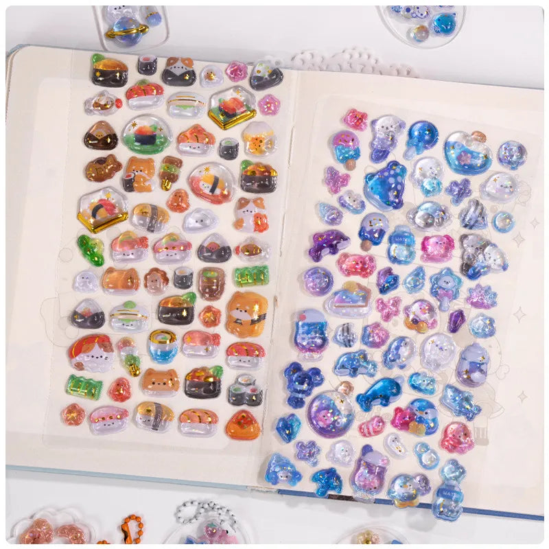Decorative display of 3D crystal stickers with Japanese snack and ocean animal designs, used for journal decoration
