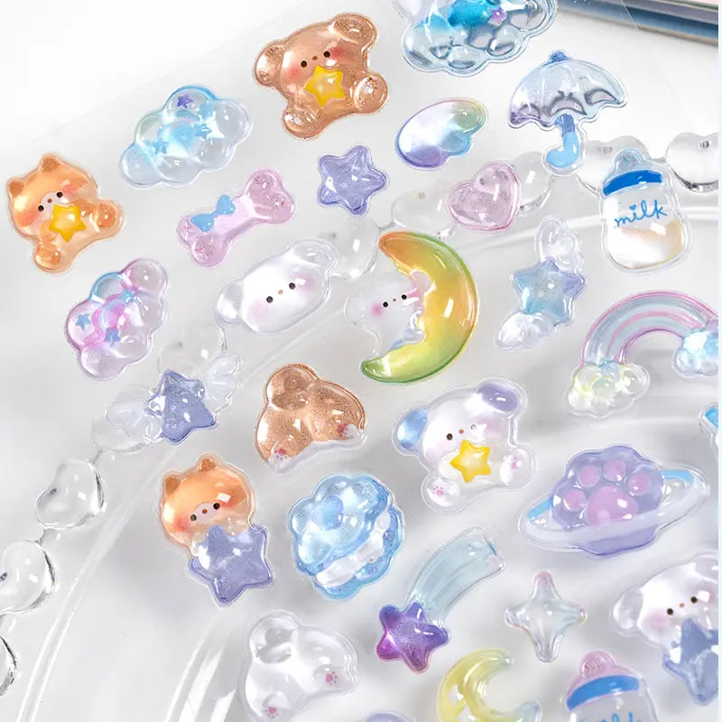 Close-up of 3D crystal clear starry sky stickers with adorable bear, cloud, and moon designs, featuring iridescent and glitter effects, self-adhesive PVC epoxy stickers