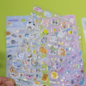 Transparent silver edge 3D bubble sticker sheet with cute pet patterns (rabbit, cat, capybara), pink background, PVC self-adhesive, size 200×95mm