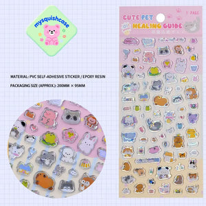 Transparent silver edge 3D bubble sticker sheet with cute arctic animal patterns (penguin, seal, polar bear), blue background, PVC self-adhesive, size 200×95mm