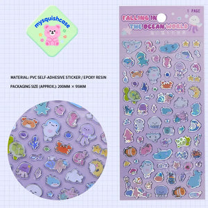 Transparent silver edge 3D bubble sticker sheet with cute sea creature patterns (whale, turtle, jellyfish), PVC self-adhesive, size 200×95mm