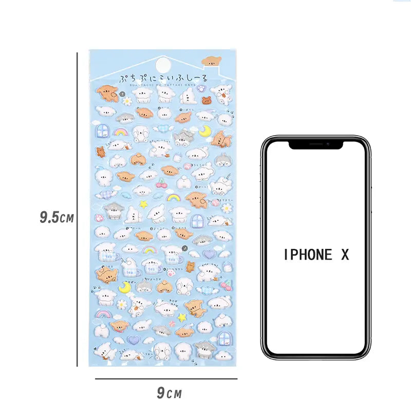 Puchipuni Life Seal 3D plush bubble sticker sheet with cute dog & cat patterns, blue background, PVC self-adhesive, size 200×95mm	