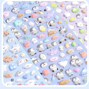 Wholesale display of multiple Puchipuni Life Seal sticker sheets, featuring penguin, octopus, whale	