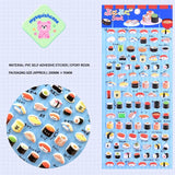 Product display of realistic sushi themed 3D puffy sticker sheet, including material (PVC/epoxy resin) and packaging size (200mm×95mm), cute kawaii stickers for planner decoration
