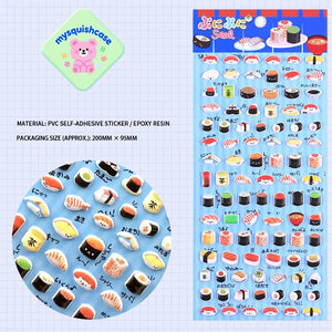 Product display of realistic sushi themed 3D puffy sticker sheet, including material (PVC/epoxy resin) and packaging size (200mm×95mm), cute kawaii stickers for planner decoration
