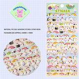 Product display of sushi themed 3D puffy sticker sheet, including material (PVC/epoxy resin) and packaging size, cute kawaii stickers for DIY phone case and scrapbooking
