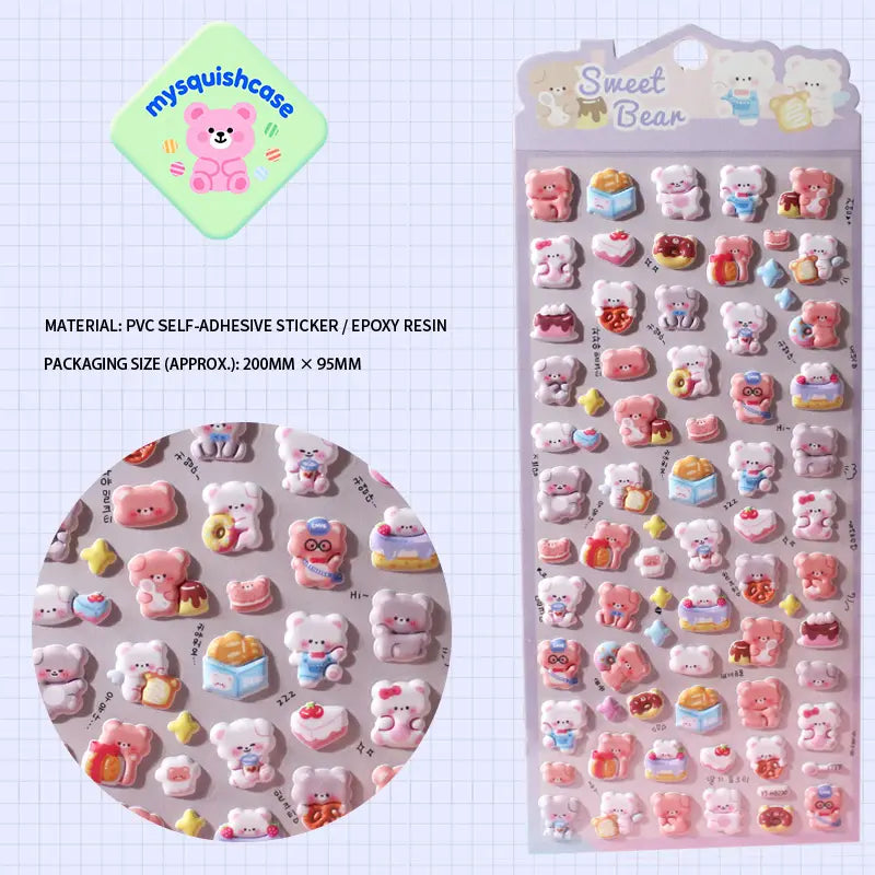 Product display of "Sweet Bear" themed 3D puffy sticker sheet, including material (PVC/epoxy resin) and packaging size (200mm×95mm), cute kawaii stickers for planner decoration

