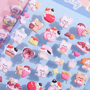 Close-up of 3D puffy "Sweet Kitty" stickers, showcasing adorable cat and dessert designs, self-adhesive PVC epoxy stickers

