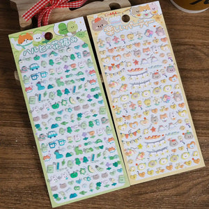 Collection of two 3D puffy sticker sheets: green nature animals and yellow party-themed designs, self-adhesive PVC epoxy stickers
