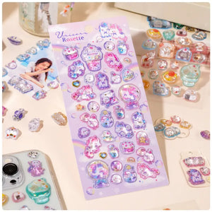 Scene display of "Unicorn Rosette" 3D crystal puffy sticker sheet, showing versatile use for journal, phone case, and keychain decoration
