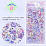 Product display of "Unicorn Rosette" themed 3D crystal puffy sticker sheet, including material (PVC/epoxy resin) and packaging size (200mm×95mm), cute kawaii unicorn and pet stickers for planner and DIY craft decoration