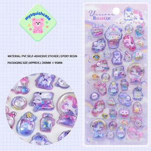 Product display of "Unicorn Rosette" themed 3D crystal puffy sticker sheet, including material (PVC/epoxy resin) and packaging size (200mm×95mm), cute kawaii unicorn and pet stickers for planner and DIY craft decoration