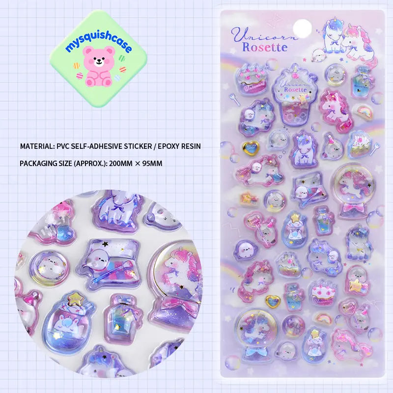 Product display of "Unicorn Rosette" themed 3D crystal puffy sticker sheet, including material (PVC/epoxy resin) and packaging size (200mm×95mm), cute kawaii unicorn and pet stickers for planner and DIY craft decoration