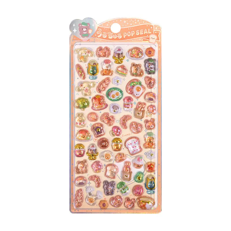 うるちゅる POP SEAL" cute kawaii sticker sheet with glossy bread and bear character designs, ideal for adding a warm touch to DIY phone cases.