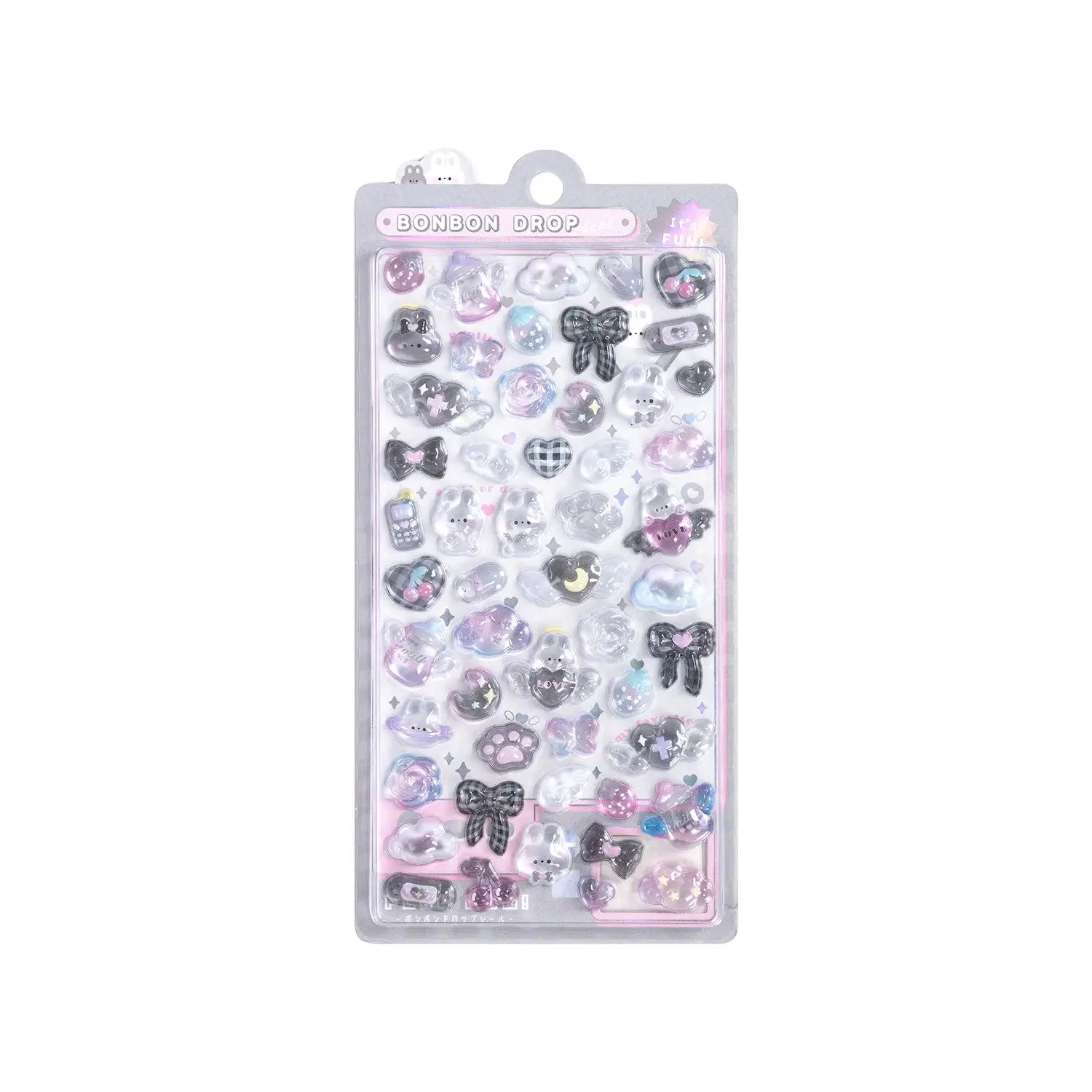 A sheet of "Bonbon Drop" 3D stickers featuring black and purple bows, hearts, and stars for DIY gothic phone case art.