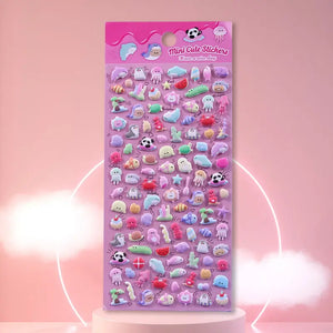 A sheet of 3D stickers featuring transparent pink hearts, black stars, and Y2K punk-style charms for DIY phone case art.