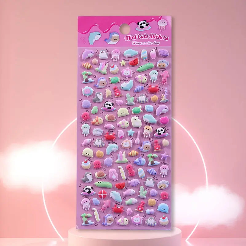 A sheet of 3D stickers featuring transparent pink hearts, black stars, and Y2K punk-style charms for DIY phone case art.